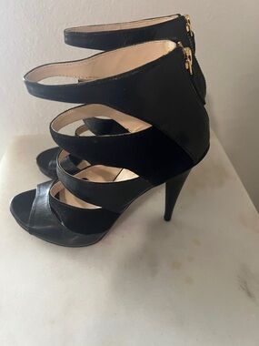 Nine West Black Strappy Stiletto Sandals with Gold Zippers